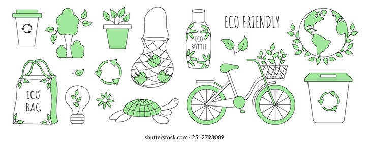 Eco friendly set of elements. Eco products, bottle, bag, bicycle. Zero waste. Go green. Vector illustration