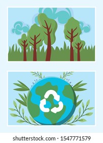 eco friendly set scene with planet earth and tree plants vector illustration design