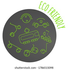 Eco friendly set of transport. Bike, scooter,  tram, electric car, skateboard