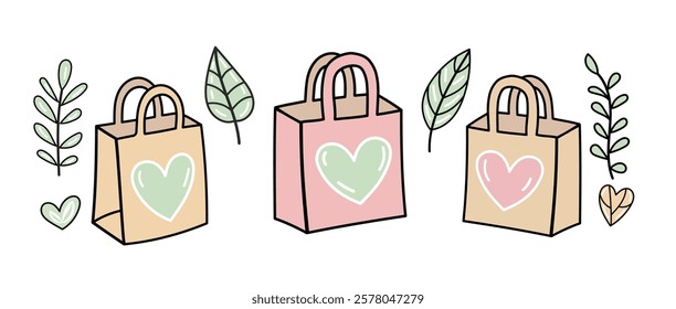 Eco friendly shopping bags with hearts and green leaves