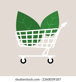 Cochecito de compras ecológico. Cero desperdicio. Estilo de vida ecológico sostenible. Concepto de reducción de la huella de carbono y de compras ecológicas amigables, sostenibles y ecológicas