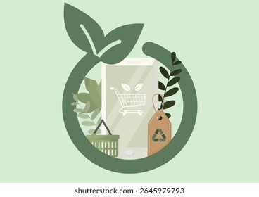 Eco amigável conceito de compras com design circular apresentando elementos de comércio sustentável. O varejo ecológico e a responsabilidade ambiental são ideais para campanhas de marketing. Estilo plano. Ilustração vetorial
