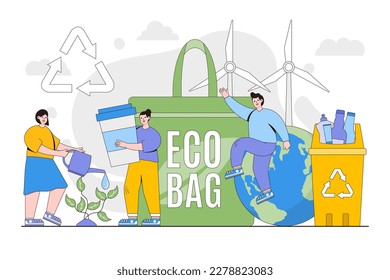 Eco friendly shopping and zero waste concept. People using eco bag, sorting plastic waste for recycling. Environmental and earth day vector illustration for landing page, web banner, hero images.