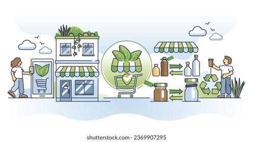 Eco friendly shopping and zero waste purchases lifestyle outline concept. Buy grocery in reusable packaging as nature friendly and sustainable choice vector illustration. Sustainable retail store.