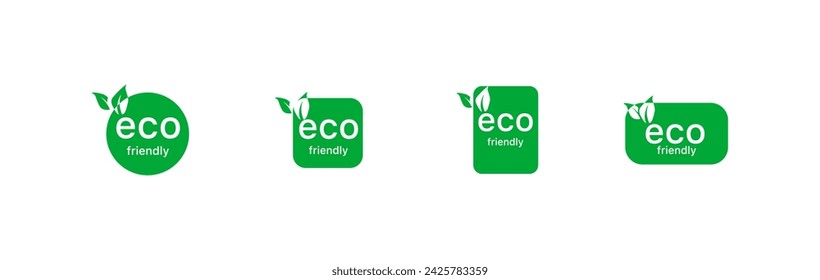 Eco friendly sign icons. Flat, green, signs of different shapes with leaves, eco friendly sign icons. Vector icons