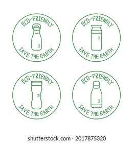 Eco friendly sign. Save the earth vector stamp set. Simple Set of Tumbler, Bottles icons. Coffee and Drinks bottles.