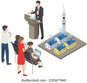 Eco friendly smart home energy saving technology presentation at conference promotion meeting. Renewable sustainable village building with smart home methods. Man talking to audience at session