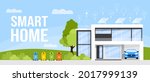 Eco friendly, smart house concept. Modern house  exterior with solar panels on the roof and electric car charger in the garage. Flat style vector illustration. Smart home front view. Web banner
