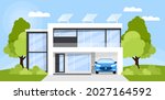 Eco friendly, smart house concept. Modern house  exterior with big windows, solar panels on the roof and electric car charger in the garage. Flat style vector illustration. Smart home front view.
