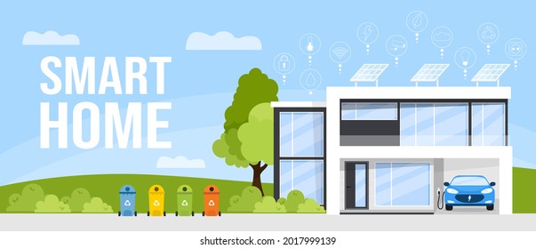 Eco friendly, smart house concept. Modern house  exterior with solar panels on the roof and electric car charger in the garage. Flat style vector illustration. Smart home front view. Web banner
