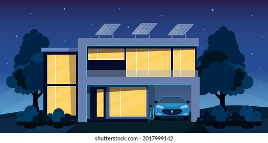 Eco Friendly, Smart House Concept. Modern House  Exterior With Solar Panels On The Roof And Electric Car Charger In The Garage. Flat Style Vector Illustration. Smart Home Front View At Night

