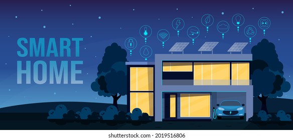 El concepto de casa inteligente y amigable con el ambiente y los iconos de estilo plano. Parte moderna de la casa con paneles solares en la azotea y cargador eléctrico de coches en el garaje. Vista frontal residencial por la noche. Banner web
