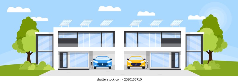 Eco friendly, smart house concept. Modern townhouse  exterior with solar panels on the roof and electric car charger in the garage. Flat style vector illustration. Smart townhome front view.
