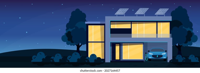 Eco friendly, smart house concept. Modern house  exterior  with solar panels on the roof and electric car charger in the garage. Flat style vector illustration. Smart home front view at night

