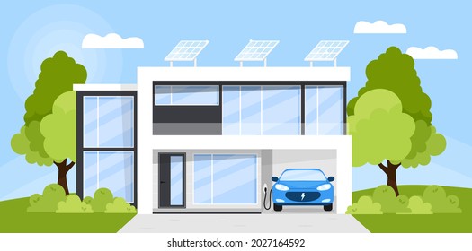 Eco Friendly, Smart House Concept. Modern House  Exterior With Big Windows, Solar Panels On The Roof And Electric Car Charger In The Garage. Flat Style Vector Illustration. Smart Home Front View.
