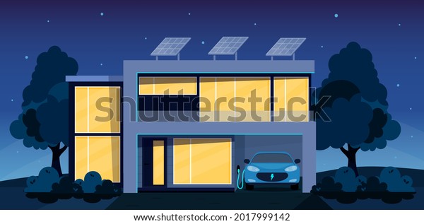Eco friendly, smart house concept. Modern house\
 exterior with solar panels on the roof and electric car charger in\
the garage. Flat style vector illustration. Smart home front view\
at night\
\
