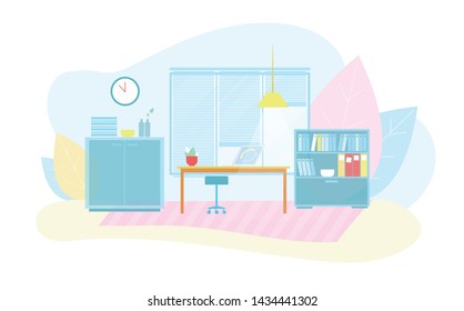 Eco Friendly Smart Office Interior. Comfortable Green Room for Work. Table, Stool, Computer, Houseplants in Pots, Bookshelves and Cupboard. Big Window with Blinds. Flat Cartoon Vector Illustration