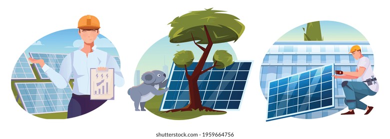 Eco friendly solution flat compositions with solar farm and employee and worker mounting solar energy equipment isolated vector illustration