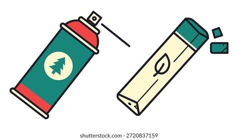 Lata de pintura en aerosol ecológica y marcador verde que ilustran suministros de arte sostenibles y creatividad para artistas y diseñadores conscientes del medio ambiente.