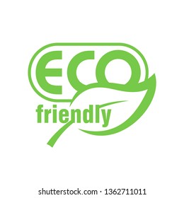 Eco friendly stamp (sticker) for healthy or natural food products, cosmetics or technology packaging marking - monochrome emblem with green leaf