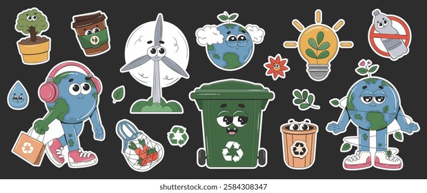 Eco friendly sticker collection with groovy cartoon characters. Zero waste, recycle, save Earth, less plastic concepts. Ecology, environmental protection. Vector set elements.