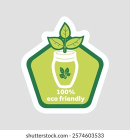 Eco friendly sticker in flat design. Green leaves plant grow in pot badge. Vector illustration isolated.