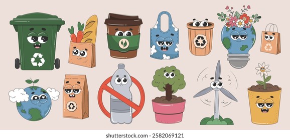 Eco friendly sticker set with groovy cartoon characters. Zero waste, recycle, save Earth, less plastic concepts. Ecology, environmental protection. Vector illustrations