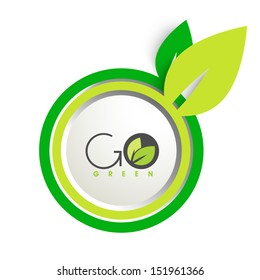 Eco friendly sticker, tag or label with green leaves and text Go Green.