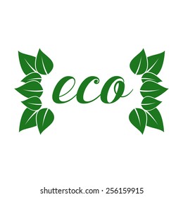 Eco friendly sticker, tag or label with green leaves.