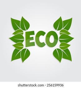 Eco friendly sticker, tag or label with green leaves.