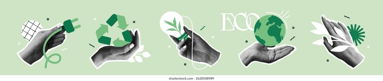 Eco friendly stickers. Halftone style hands holding light bulb, plug, plant branch, globe and recycling sign. Zero waste lifestyle and sustainability. Vector illustration isolated on background