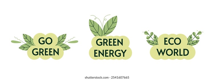 Eco friendly stickers set. Ecologic sustainable nature stamps. Organic elements design with leaves. Ecological green energy icons. Flat vector illustration isolated on white background.