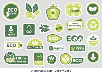 Eco friendly stickers set elements in flat graphic design. Collection of green ecologic labels for food packaging with bio, organic, natural words, recycle and leaf sign, other. Vector illustration.