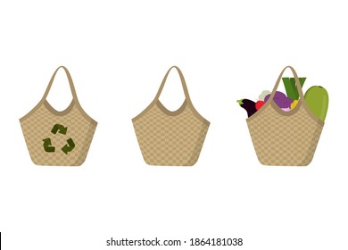 Eco friendly straw bags set with farm products. White background, vector illustration. Reusable textile handbags