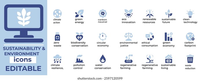Eco friendly sustainability and environment vector set perfect for green projects, branding, and activism. Fully editable