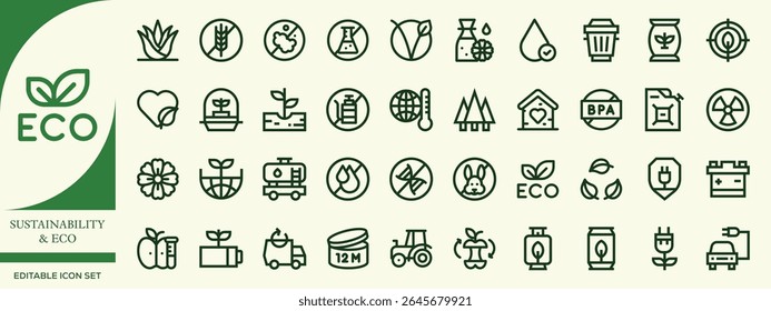 Umweltfreundliches Nachhaltigkeits-Symbolset - Symbole für Recycling, erneuerbare Energien, umweltfreundliches Leben, Abfallfreiheit und Natur