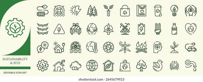 Eco Friendly Sustainability Icon Set – Recycle, Renewable Energy, Green Living, Zero Waste, and Nature Symbols