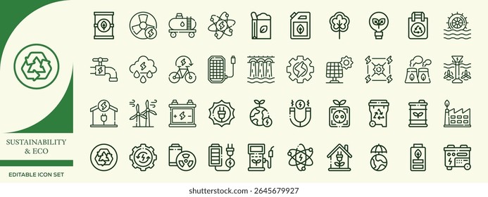 Eco Friendly Sustainability Icon Set – Recycle, Renewable Energy, Green Living, Zero Waste, and Nature Symbols