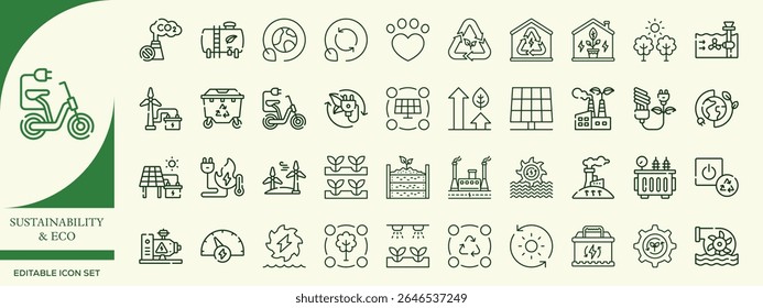 Eco Friendly Sustainability Icon Set – Recycle, Renewable Energy, Green Living, Zero Waste, and Nature Symbols