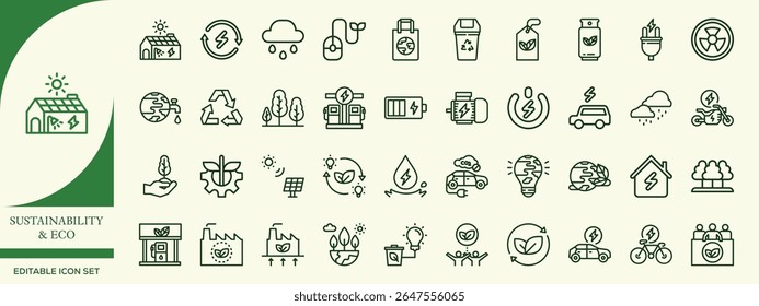 Eco Friendly Sustainability Icon Set – Recycle, Renewable Energy, Green Living, Zero Waste, and Nature Symbols