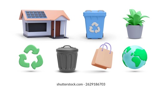 Eco Friendly, Sustainability, Recycling, Zero Waste, Renewable Energy And Green Living Icons In 3D Style. Clean Energy Concept. Vector Illustration