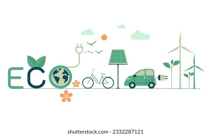 Eco amigable sustentable, Alternativa de recursos de energía verde, Usable para marca y logotipo de la naturaleza, conceptos de elementos ecológicos naturales. Ilustración de diseño de vectores.