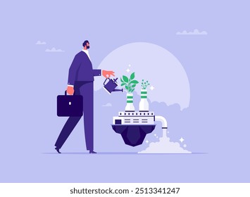 Eco friendly sustainable concept, reduce factory pollution to help stop climate change or global warming, businessman plant trees that help make the world a better place, Climate change problem