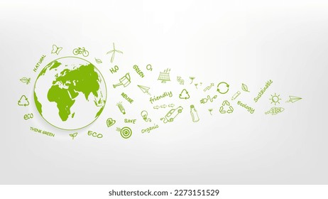 Eco friendly, Sustainable Development, Go green, Earth day and World environment day con iconos de doodle dibujados a mano, ilustración del vector