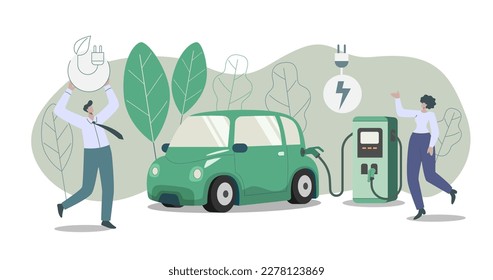 Ecoamigable sostenible, Estación de carga de automóviles eléctricos, concepto de energía verde limpia a partir de fuentes renovables. Ilustración de diseño de vectores.