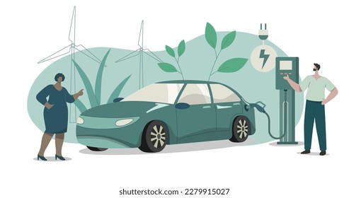 Eco friendly sustainable, Electric car charging station, Clean green energy from renewable sources concept. Vector design illustration.