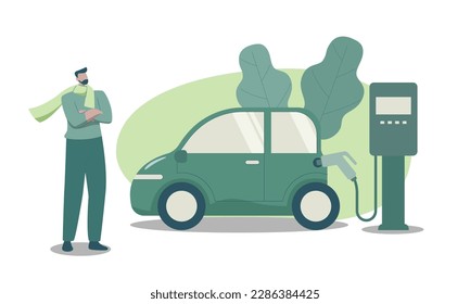 Eco friendly sustainable, Electric car charging station, Clean green energy from renewable sources concept. Vector design illustration.