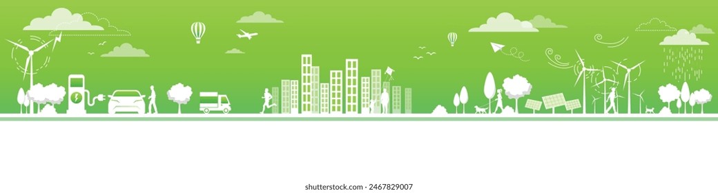 Eco Friendly and Sustainable Energy Concept Vector Banner. Green Energy Design Elements for Clean Environment, Technological Renewable development and Alternative Energy concept, Vector illustration