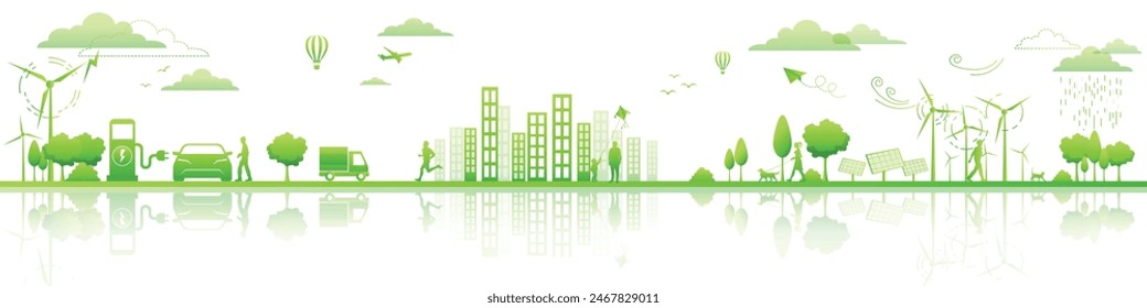 Eco Friendly and Sustainable Energy Concept Vector Banner. Green Energy Design Elements for Clean Environment, Technological Renewable development and Alternative Energy concept, Vector illustration