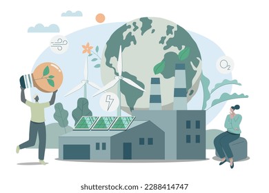 Eco friendly sustainable, Environmental protection factory, Clean green energy from renewable sources concept. Vector design illustration.